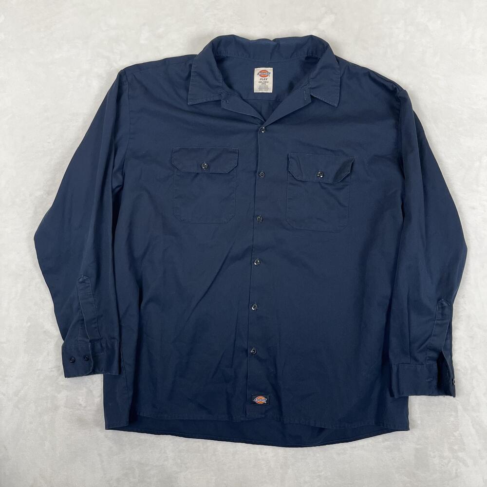 Dickies Shirt Mens 2XL Blue Solid Twill Long Sleeve Button Front Workwear